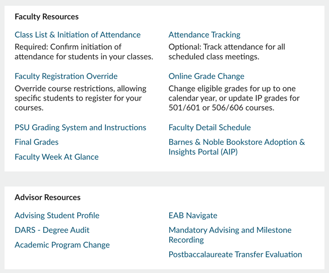 myPSU Faculty Resources menu screenshot